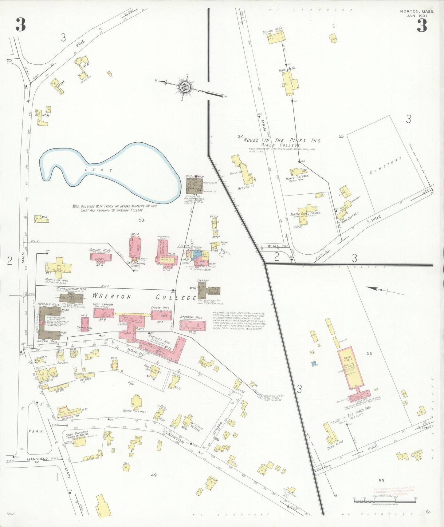 Sanborn Fire Insurance Map from Norton, Bristol County, Massachusetts (1937), Sheet #0003 - Historic Sanborn Fire Insurance Map Print, vintage old map wall art, antique decor, genealogy gift, Massachusetts Massachusetts map