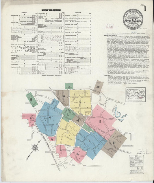 Sanborn Fire Insurance Map from Wayne, Delaware County, Pennsylvania (1914), Sheet #0001 - Historic Sanborn Fire Insurance Map Print, vintage old map wall art, antique decor, genealogy gift, Pennsylvania Pennsylvania map