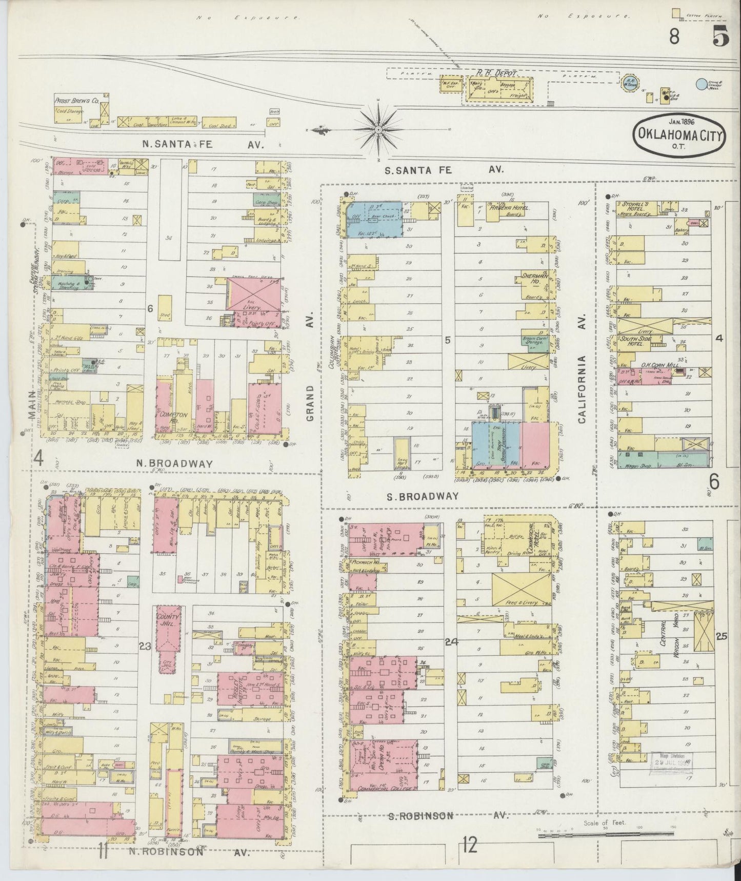 Sanborn Fire Insurance Map from Oklahoma City, Oklahoma County, Oklahoma (1896), Sheet #0005 - Complete Map Set gallery image, historic Sanborn map, vintage wall art, Oklahoma City Oklahoma