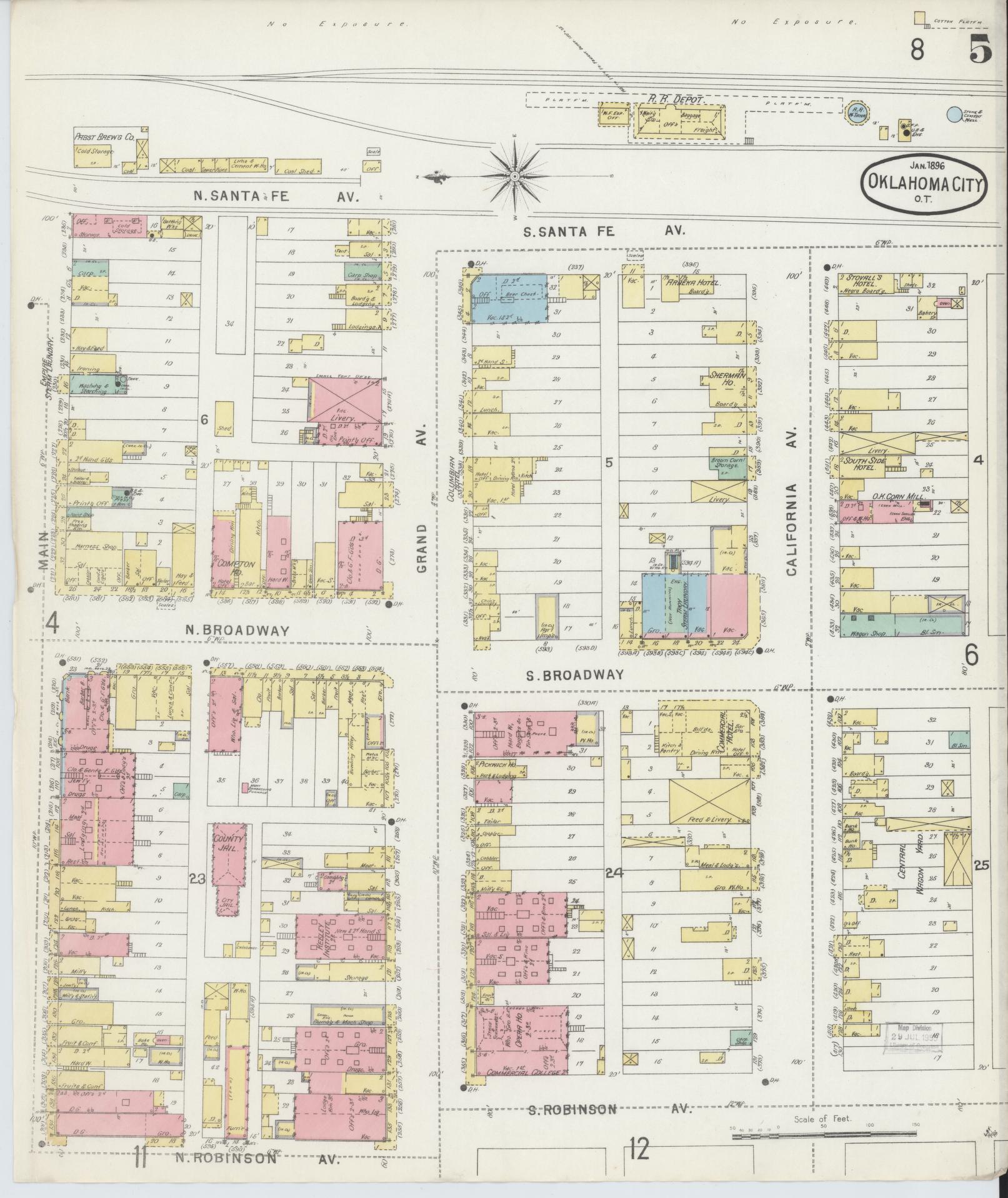 Sanborn Fire Insurance Map from Oklahoma City, Oklahoma County, Oklahoma (1896), Sheet #0005 - Complete Map Set gallery image, historic Sanborn map, vintage wall art, Oklahoma City Oklahoma