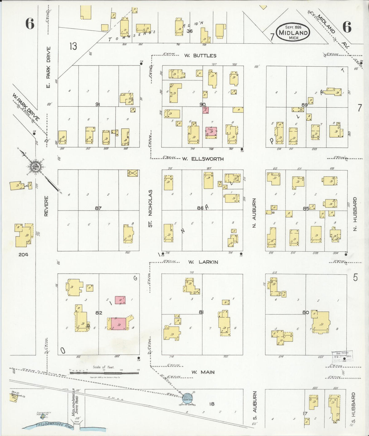 Sanborn Fire Insurance Map from Midland, Midland County, Michigan (1926), Sheet #0006 - Historic Sanborn Fire Insurance Map Print, vintage old map wall art, antique decor, genealogy gift, Michigan Michigan map