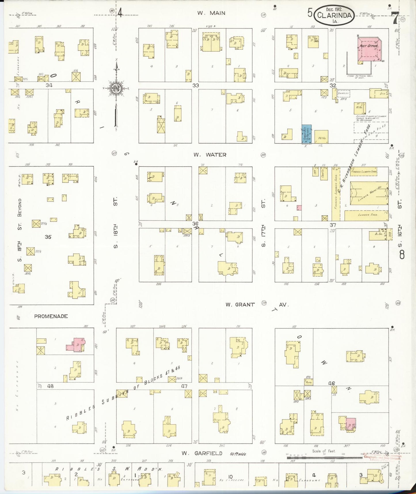 Sanborn Fire Insurance Map from Clarinda, Page County, Iowa (1912), Sheet #0007 - Historic Sanborn Fire Insurance Map Print, vintage old map wall art