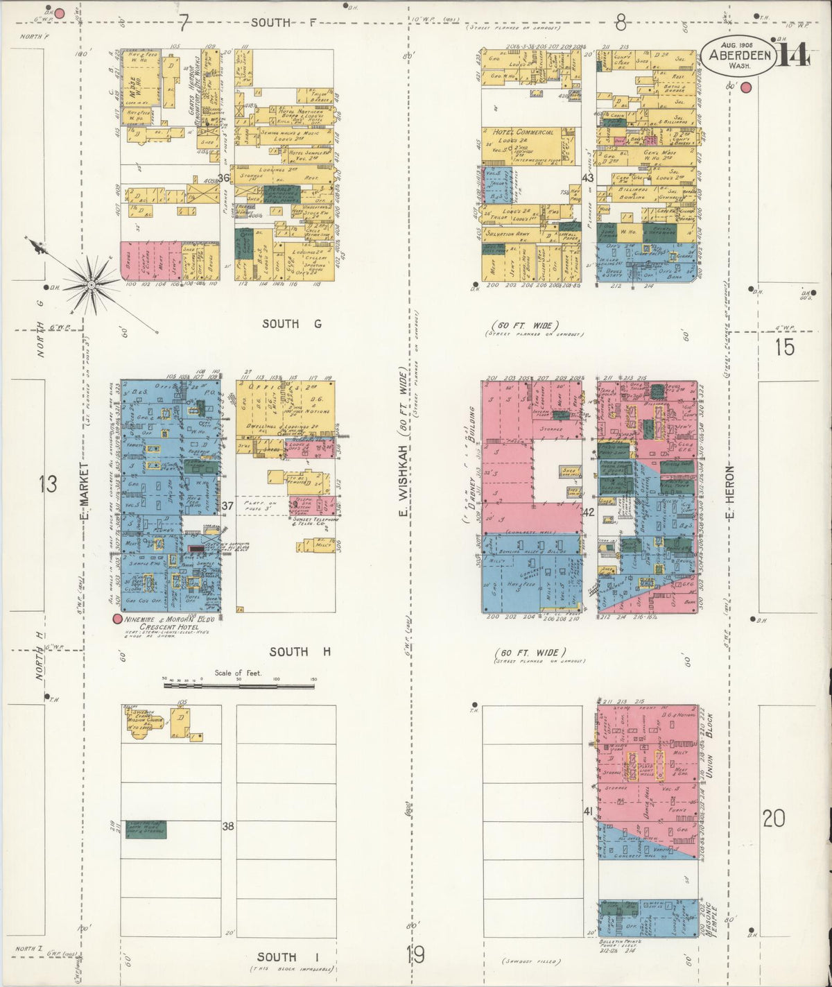 Sanborn Fire Insurance Map from Aberdeen, Grays Harbor County, Washington (1906), Sheet #0014 - Complete Map Set gallery image, historic Sanborn map, vintage wall art, Washington Washington