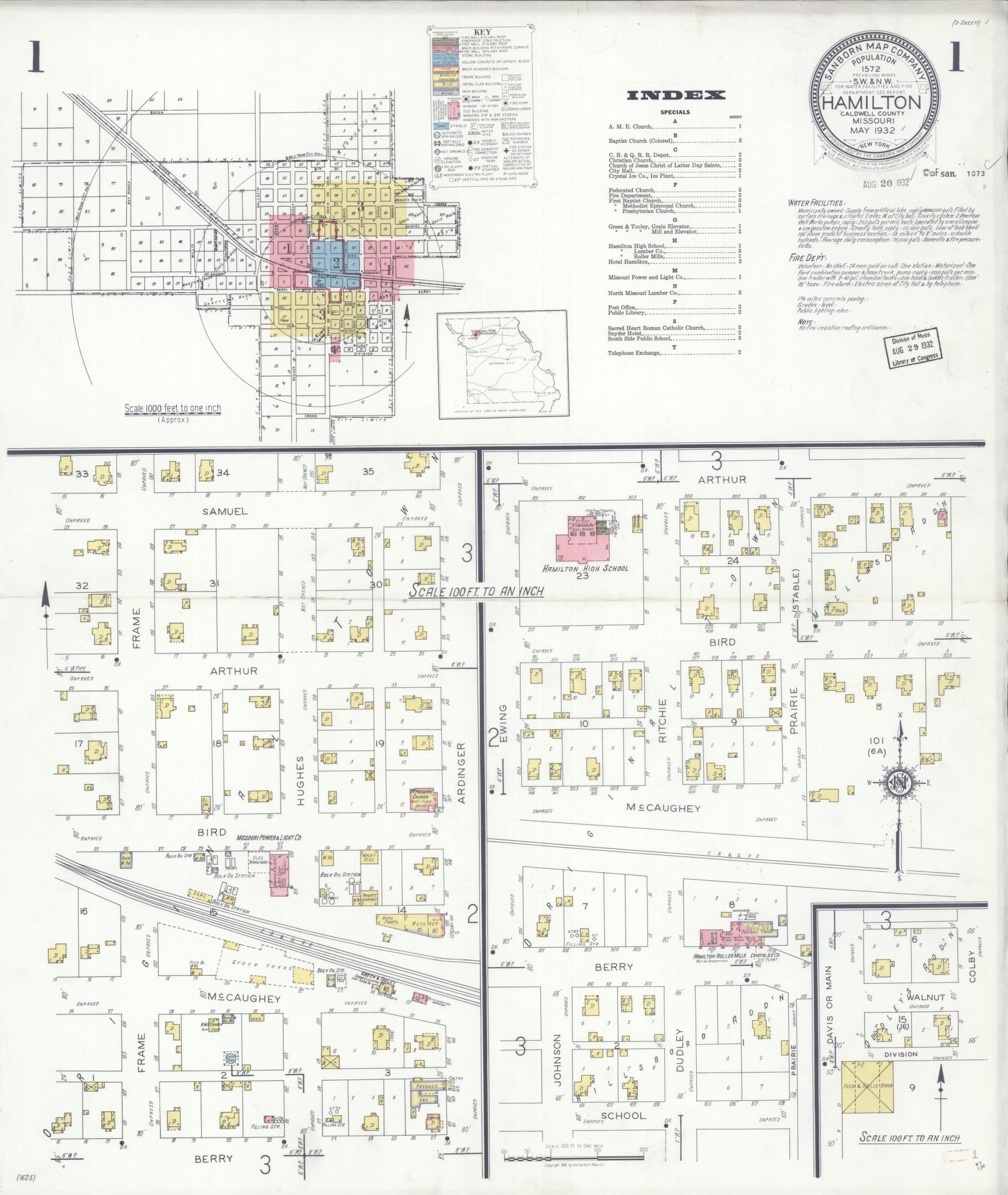 Sanborn Fire Insurance Map from Hamilton, Caldwell County, Missouri (1932), Sheet #0001 - Historic Sanborn Fire Insurance Map Print, vintage old map wall art, antique decor, genealogy gift, Missouri Missouri map