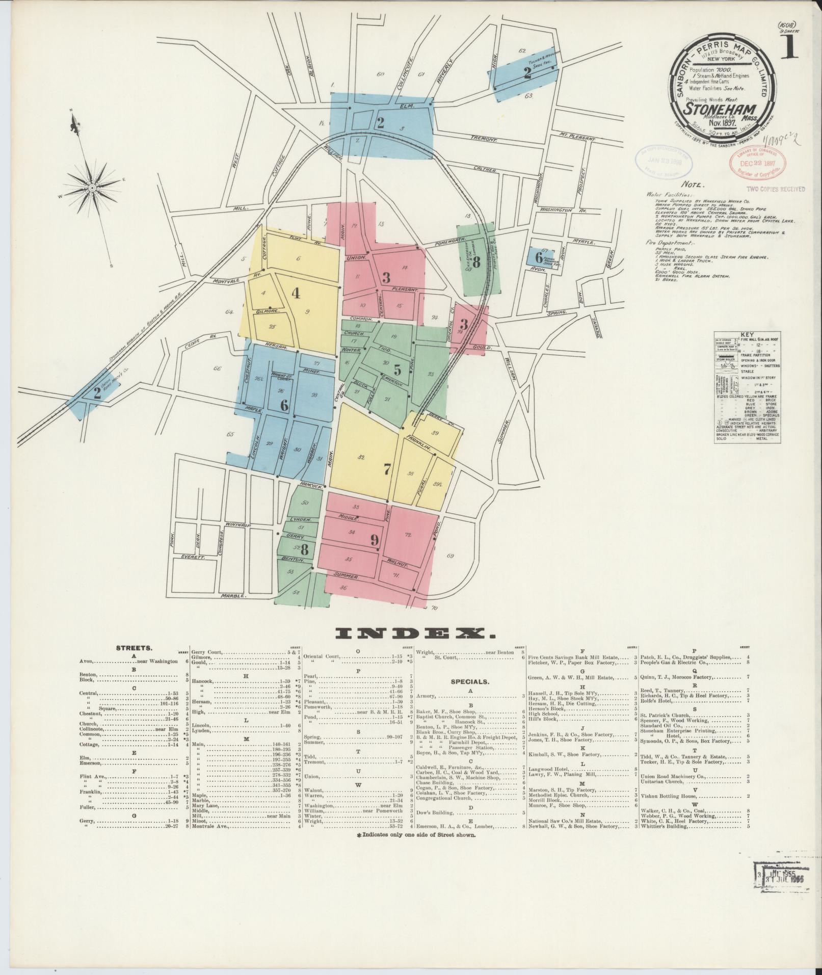 Sanborn Fire Insurance Map from Stoneham, Middlesex County, Massachusetts (1897), Sheet #0001 - Complete Map Set gallery image, historic Sanborn map, vintage wall art, Massachusetts Massachusetts