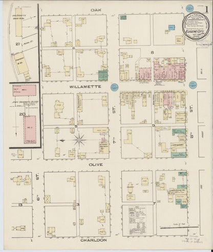 Sanborn Fire Insurance Map from Eugene, Lane County, Oregon (1885), Sheet #0001 - Complete Map Set gallery image, historic Sanborn map, vintage wall art, Oregon Oregon