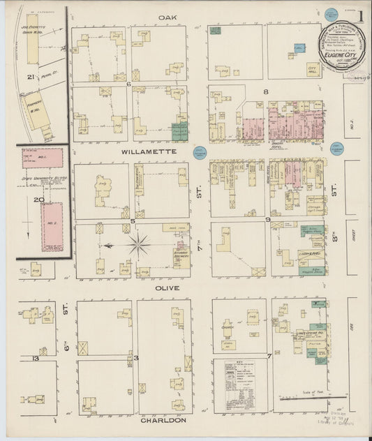 Sanborn Fire Insurance Map from Eugene, Lane County, Oregon (1885), Sheet #0001 - Complete Map Set gallery image, historic Sanborn map, vintage wall art, Oregon Oregon