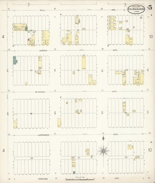 Sanborn Fire Insurance Map from Fairhaven [see also Bellingham and Sehome], Whatcom County, Washington (1897), Sheet #0005 - Historic Sanborn Fire Insurance Map Print, vintage old map wall art, antique decor, genealogy gift, Washington Washington map