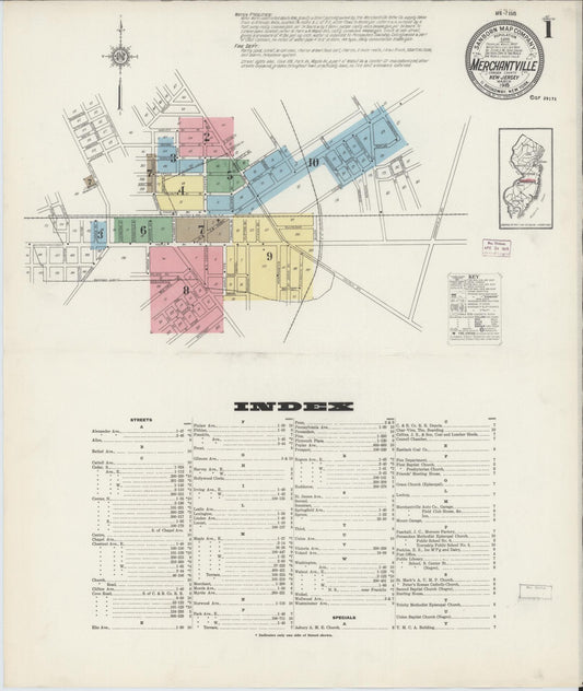 Sanborn Fire Insurance Map from Merchantville, Camden County, New Jersey (1915), Sheet #0001 - Historic Sanborn Fire Insurance Map Print, vintage old map wall art, antique decor, genealogy gift, New Jersey New Jersey map