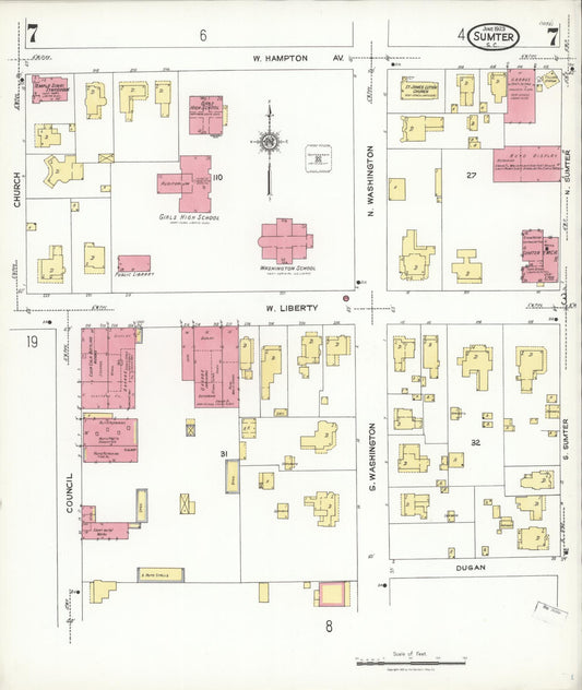 Sanborn Fire Insurance Map from Sumter, Sumter County, South Carolina (1923), Sheet #0007 - Historic Sanborn Fire Insurance Map Print, vintage old map wall art, antique decor, genealogy gift, South Carolina South Carolina map