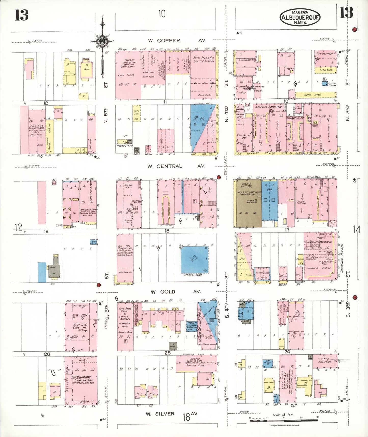 Sanborn Fire Insurance Map from Albuquerque, Bernalillo County, New Mexico (1924), Sheet #0013 - Historic Sanborn Fire Insurance Map Print, vintage old map wall art, antique decor, genealogy gift, New Mexico New Mexico map
