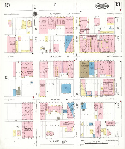 Sanborn Fire Insurance Map from Albuquerque, Bernalillo County, New Mexico (1924), Sheet #0013 - Historic Sanborn Fire Insurance Map Print, vintage old map wall art, antique decor, genealogy gift, New Mexico New Mexico map