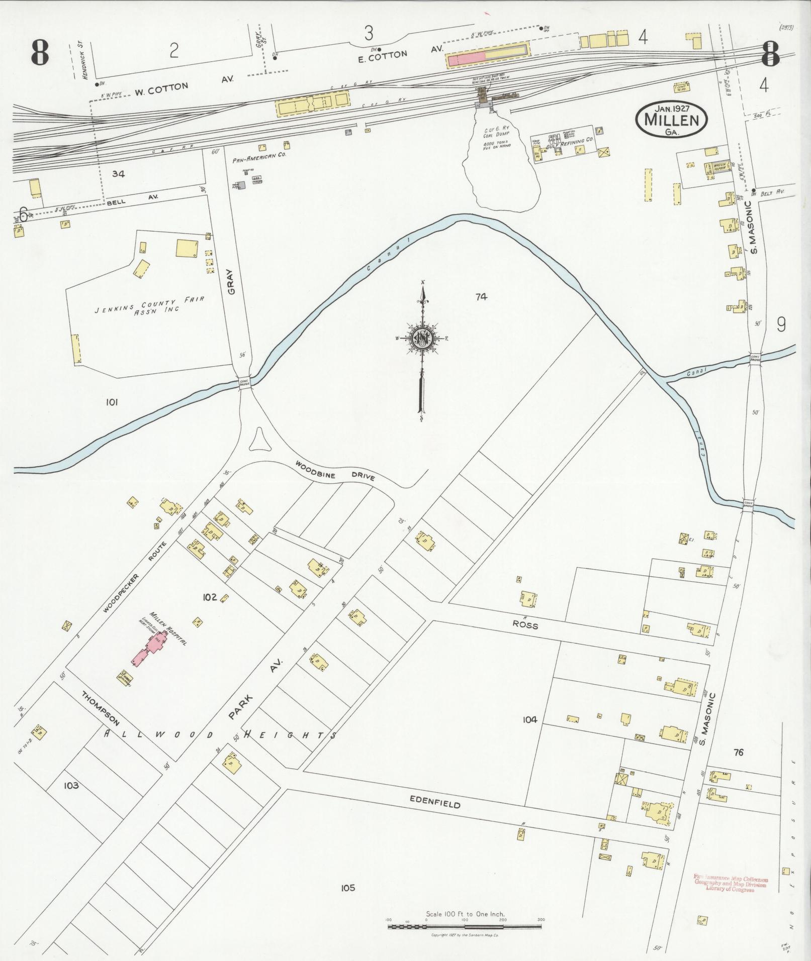 Sanborn Fire Insurance Map from Millen, Jenkins County, Georgia (1927), Sheet #0008 - Complete Map Set gallery image, historic Sanborn map, vintage wall art, Georgia Georgia