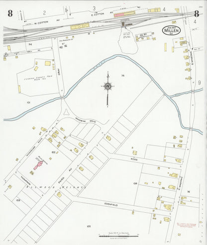 Sanborn Fire Insurance Map from Millen, Jenkins County, Georgia (1927), Sheet #0008 - Complete Map Set gallery image, historic Sanborn map, vintage wall art, Georgia Georgia