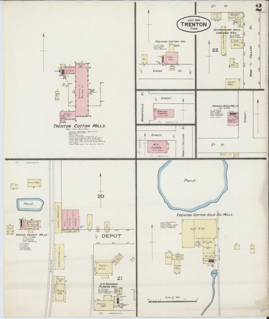 Sanborn Fire Insurance Map from Trenton, Gibson County, Tennessee (1886), Sheet #0002 - Historic Sanborn Fire Insurance Map Print, vintage old map wall art, antique decor, genealogy gift, Tennessee Tennessee map