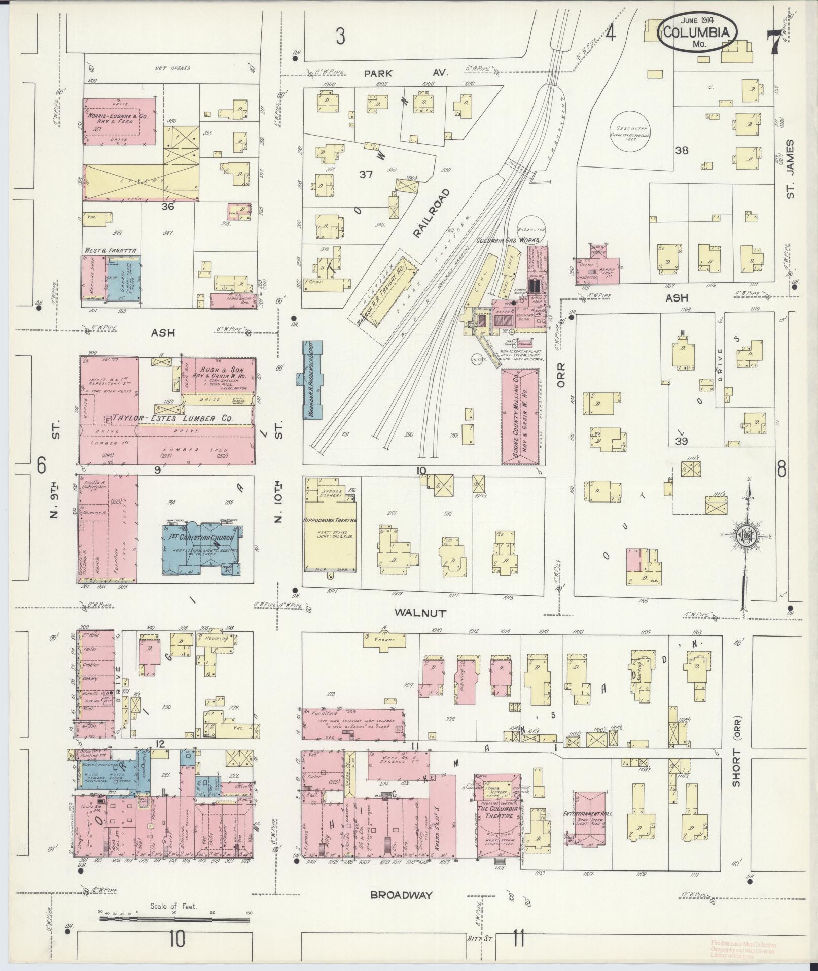 Sanborn Fire Insurance Map from Columbia, Boone County, Missouri (1914), Sheet #0007 - Historic Sanborn Fire Insurance Map Print, vintage old map wall art, antique decor, genealogy gift, Missouri Missouri map