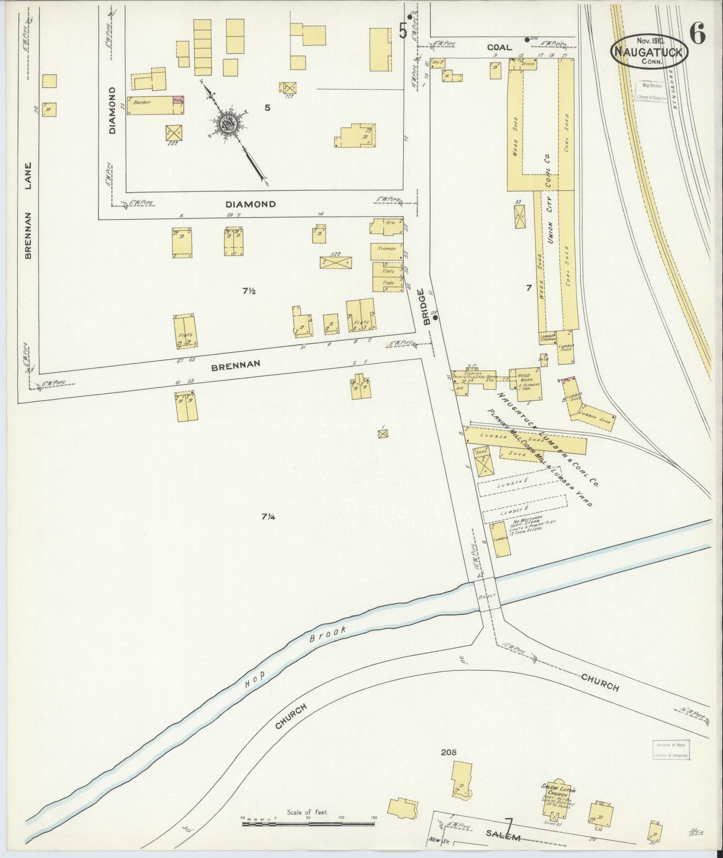 Sanborn Fire Insurance Map from Naugatuck, New Haven County, Connecticut (1910), Sheet #0006 - Historic Sanborn Fire Insurance Map Print, vintage old map wall art, antique decor, genealogy gift, Connecticut Connecticut map