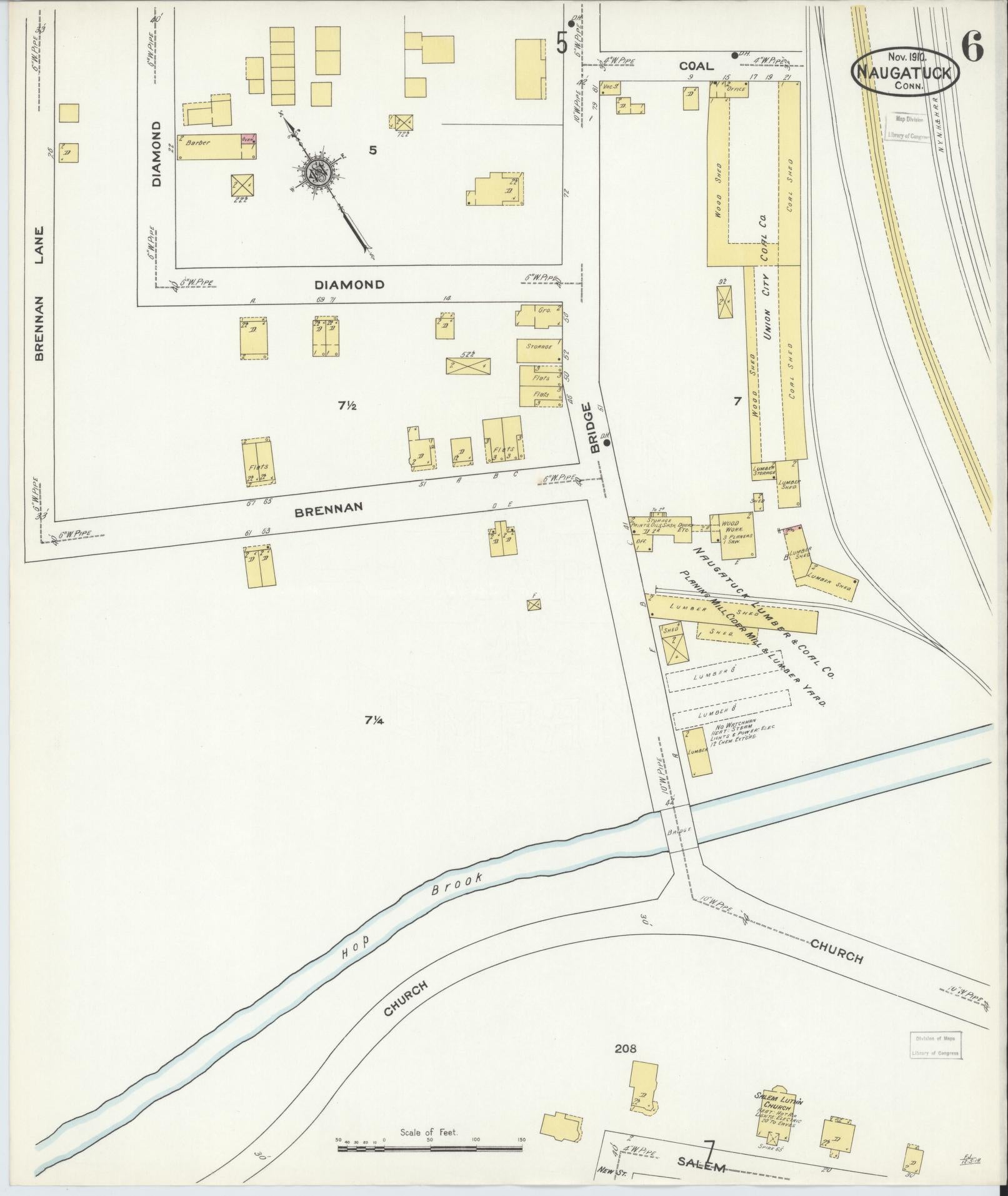 Sanborn Fire Insurance Map from Naugatuck, New Haven County, Connecticut (1910), Sheet #0006 - Historic Sanborn Fire Insurance Map Print, vintage old map wall art, antique decor, genealogy gift, Connecticut Connecticut map