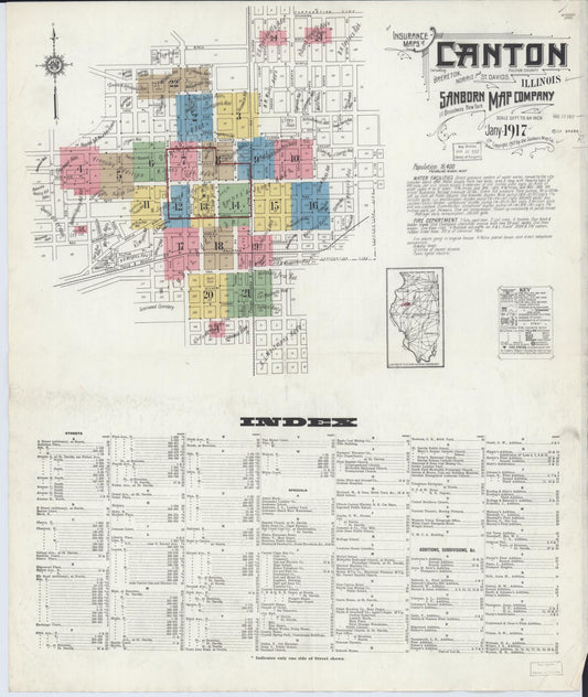 Sanborn Fire Insurance Map from Canton, Fulton County, Illinois (1917), Sheet #0001 - Historic Sanborn Fire Insurance Map Print, vintage old map wall art, antique decor, genealogy gift, Illinois Illinois map