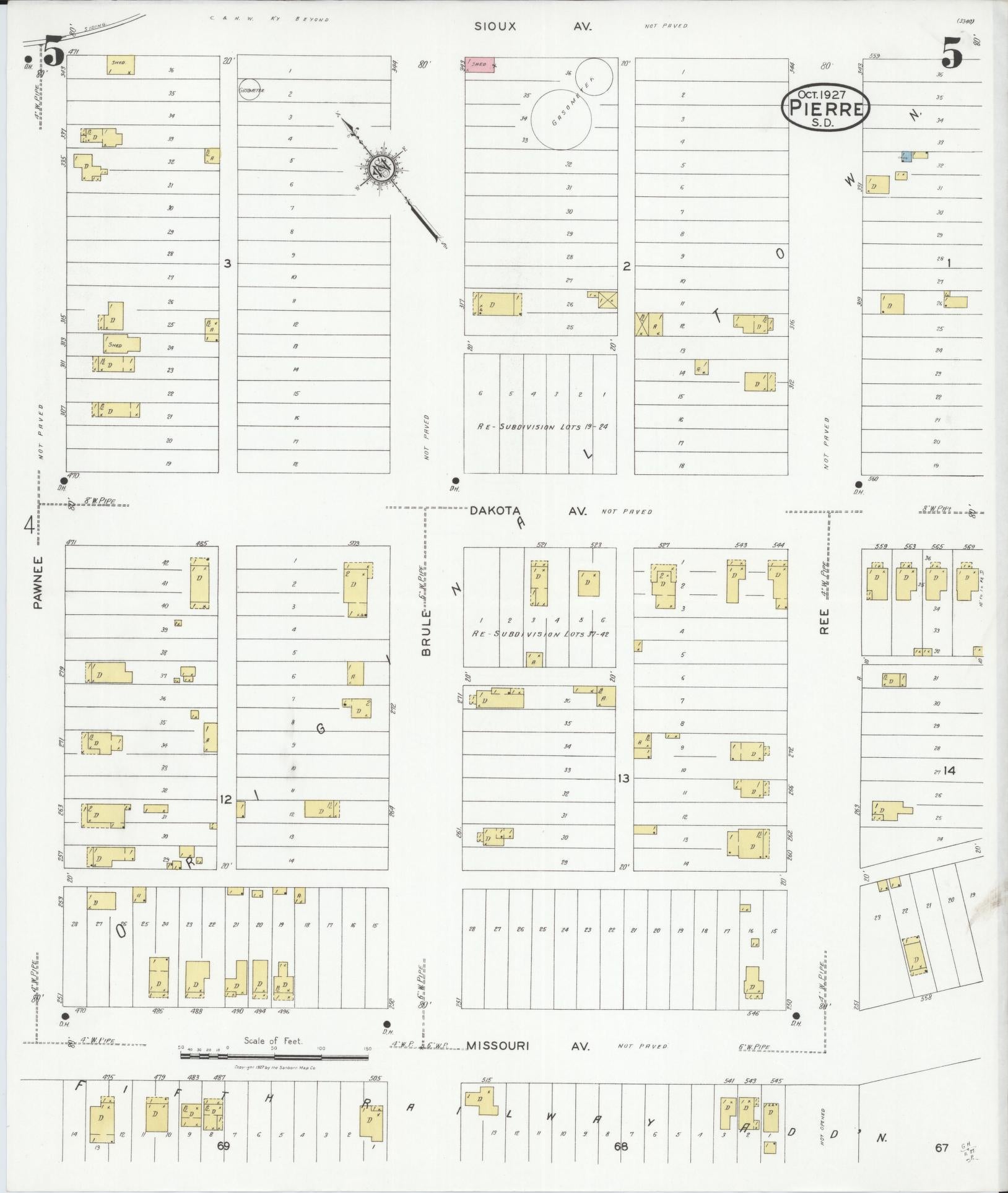 Sanborn Fire Insurance Map from Pierre, Hughes County, South Dakota (1927), Sheet #0005 - Historic Sanborn Fire Insurance Map Print, vintage old map wall art, antique decor, genealogy gift, South Dakota South Dakota map