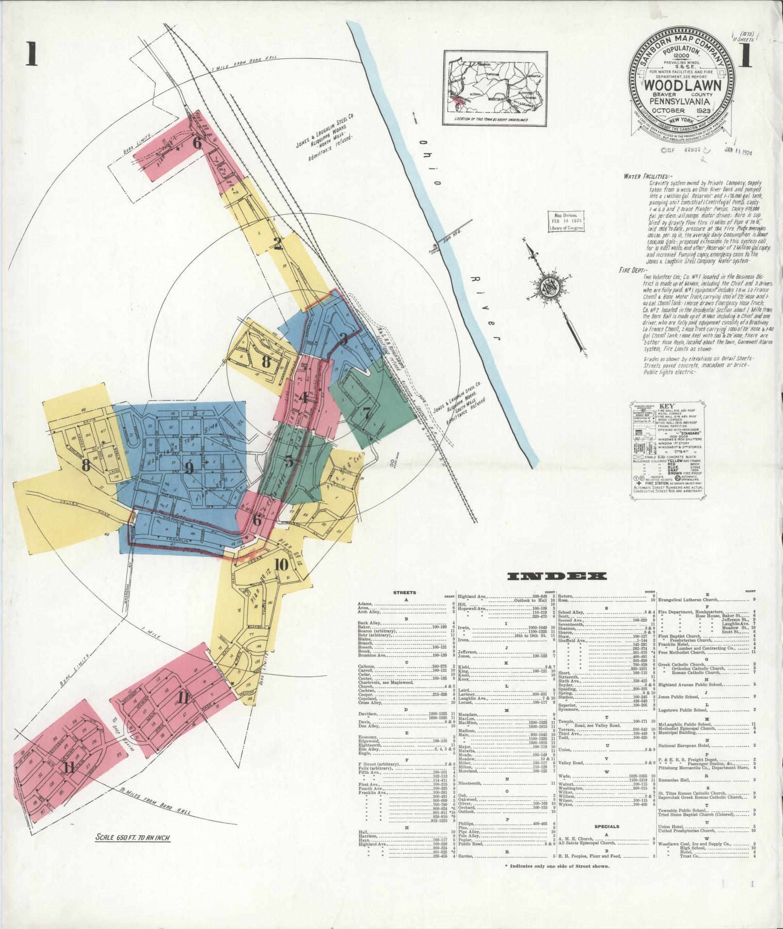 Sanborn Fire Insurance Map from Woodlawn, Beaver County, Pennsylvania (1923), Sheet #0001 - Complete Map Set gallery image, historic Sanborn map, vintage wall art, Pennsylvania Pennsylvania