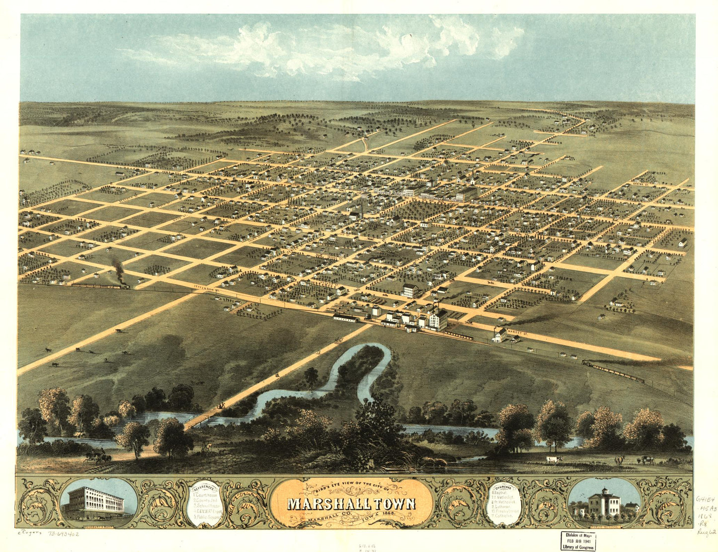 Bird's eye view of the city of Marshalltown, Marshall Co., Iowa 1868. (1868) – Historic Bird’s-Eye View Panorama Print