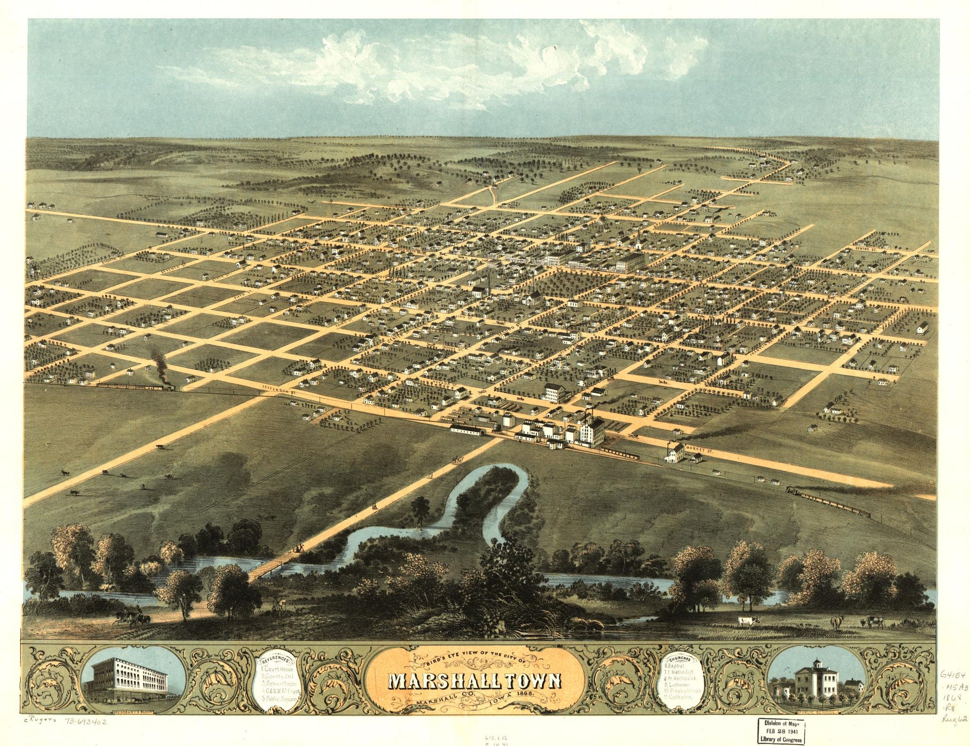 Bird's eye view of the city of Marshalltown, Marshall Co., Iowa 1868. (1868) – Historic Bird’s-Eye View Panorama Print