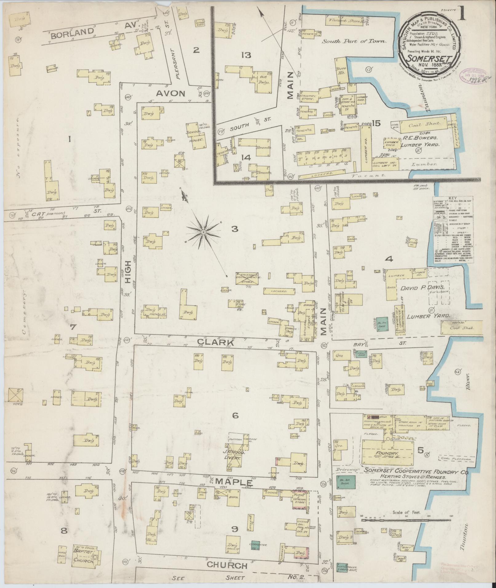 Sanborn Fire Insurance Map from Somerset, Bristol County, Massachusetts (1885), Sheet #0001 - Complete Map Set gallery image, historic Sanborn map, vintage wall art, Massachusetts Massachusetts
