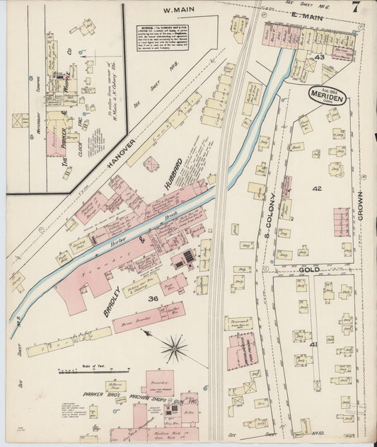 Sanborn Fire Insurance Map from Meriden, New Haven County, Connecticut (1884), Sheet #0007 - Historic Sanborn Fire Insurance Map Print, vintage old map wall art, antique decor, genealogy gift, Connecticut Connecticut map