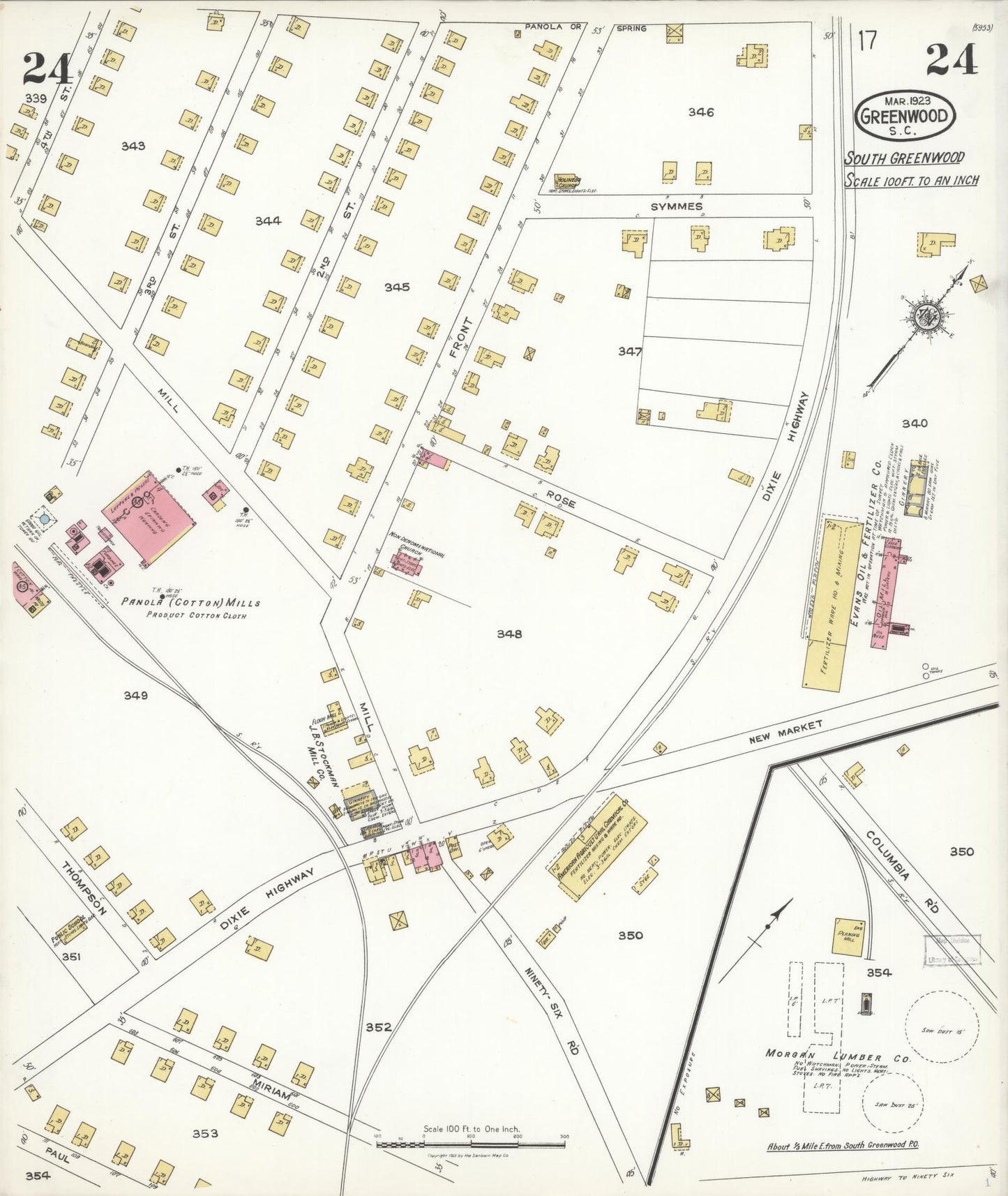 Sanborn Fire Insurance Map from Greenwood, Greenwood County, South Carolina (1923), Sheet #0024 - Complete Map Set gallery image, historic Sanborn map, vintage wall art, South Carolina South Carolina