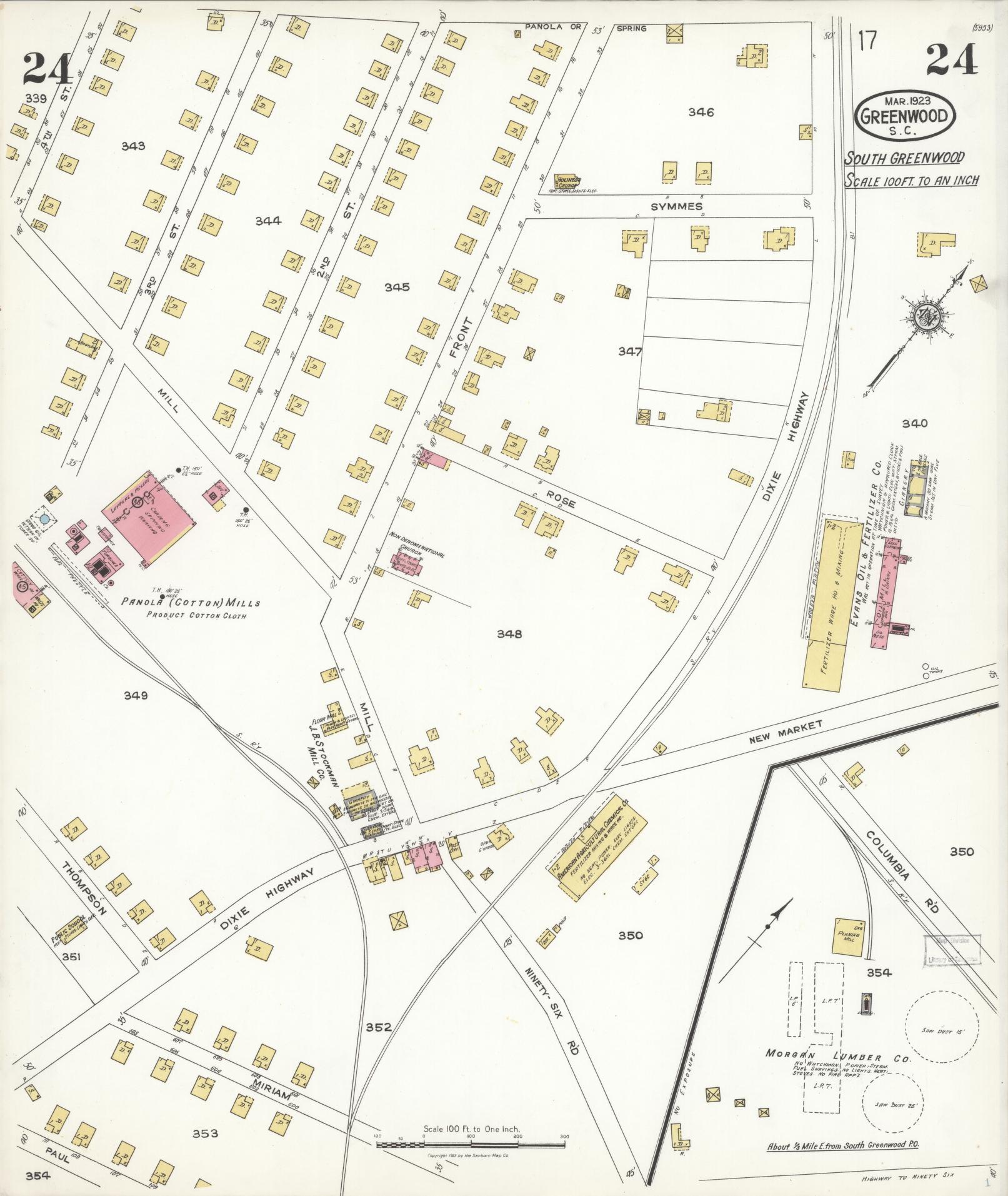 Sanborn Fire Insurance Map from Greenwood, Greenwood County, South Carolina (1923), Sheet #0024 - Complete Map Set gallery image, historic Sanborn map, vintage wall art, South Carolina South Carolina