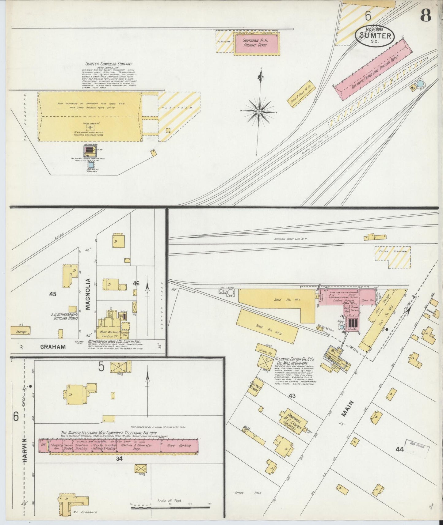 Sanborn Fire Insurance Map from Sumter, Sumter County, South Carolina (1899), Sheet #0008 - Historic Sanborn Fire Insurance Map Print, vintage old map wall art, antique decor, genealogy gift, South Carolina South Carolina map