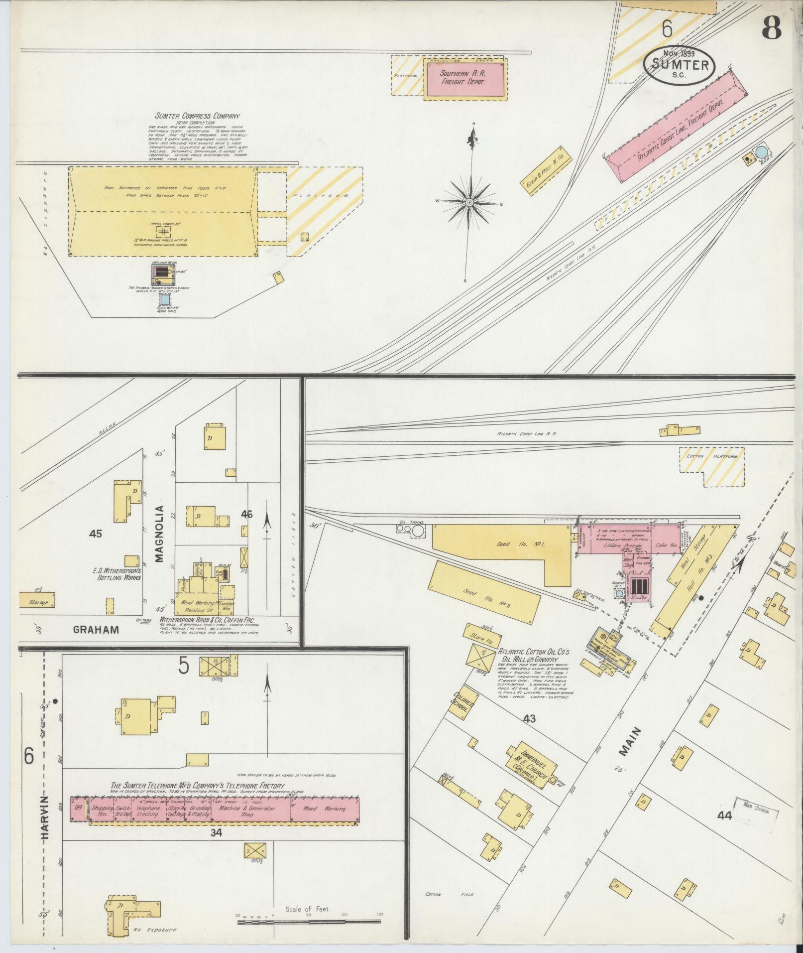 Sanborn Fire Insurance Map from Sumter, Sumter County, South Carolina (1899), Sheet #0008 - Historic Sanborn Fire Insurance Map Print, vintage old map wall art, antique decor, genealogy gift, South Carolina South Carolina map