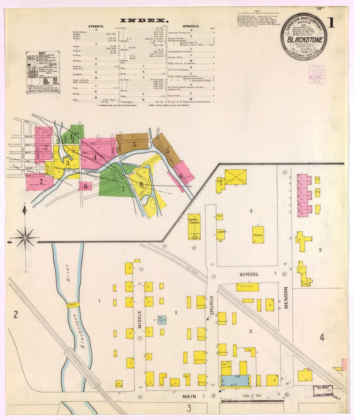 Sanborn Fire Insurance Map from Blackstone, Worcester County, Massachusetts (1903), Sheet #0001 - Historic Sanborn Fire Insurance Map Print, vintage old map wall art, antique decor, genealogy gift, Massachusetts Massachusetts map