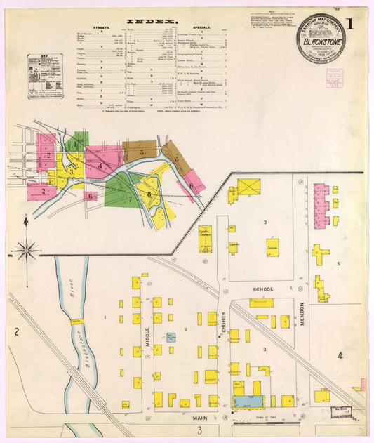 Sanborn Fire Insurance Map from Blackstone, Worcester County, Massachusetts (1903), Sheet #0001 - Historic Sanborn Fire Insurance Map Print, vintage old map wall art, antique decor, genealogy gift, Massachusetts Massachusetts map