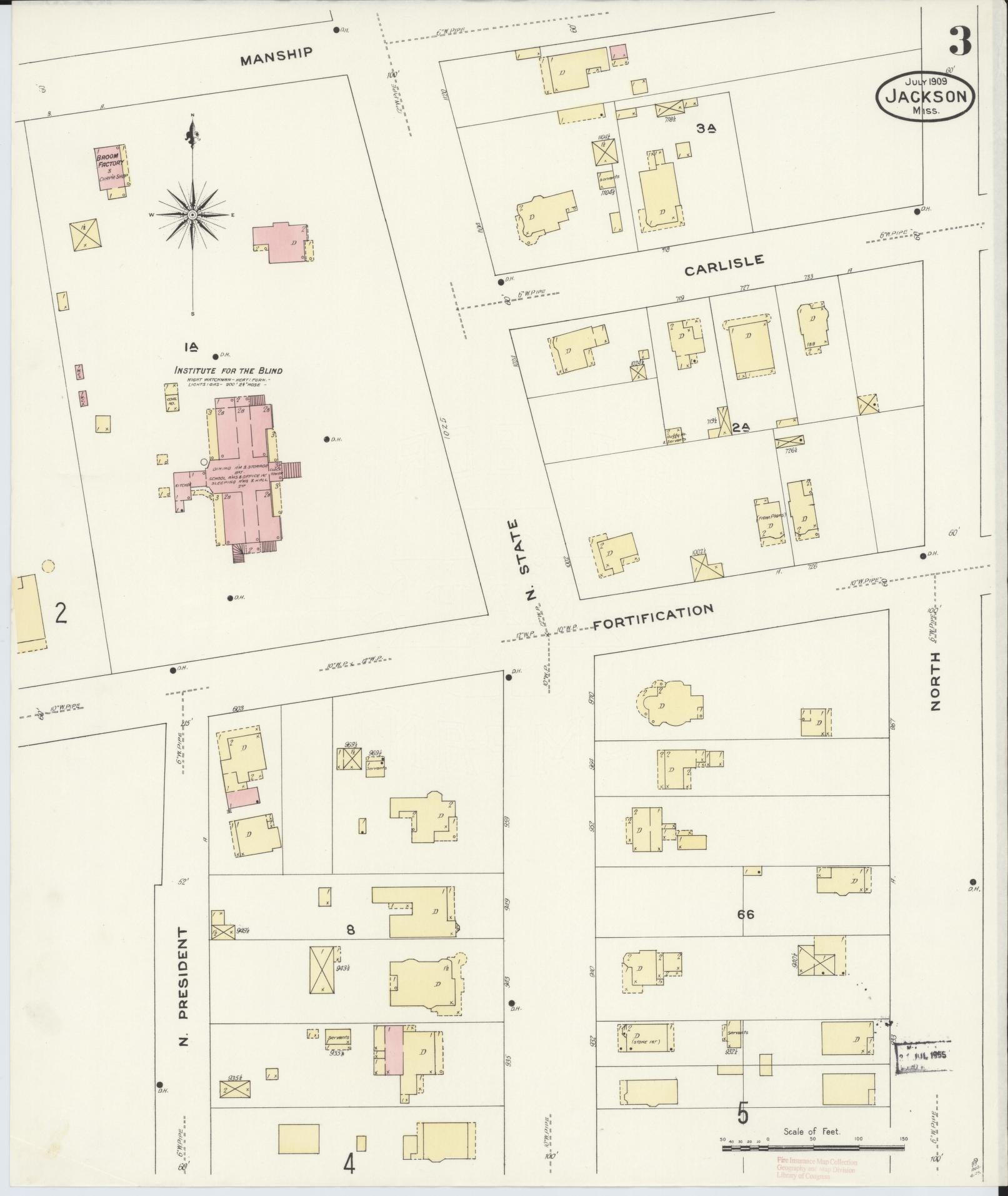 Sanborn Fire Insurance Map from Jackson, Hinds County, Mississippi (1909), Sheet #0003 - Historic Sanborn Fire Insurance Map Print, vintage old map wall art, antique decor, genealogy gift, Mississippi Mississippi map