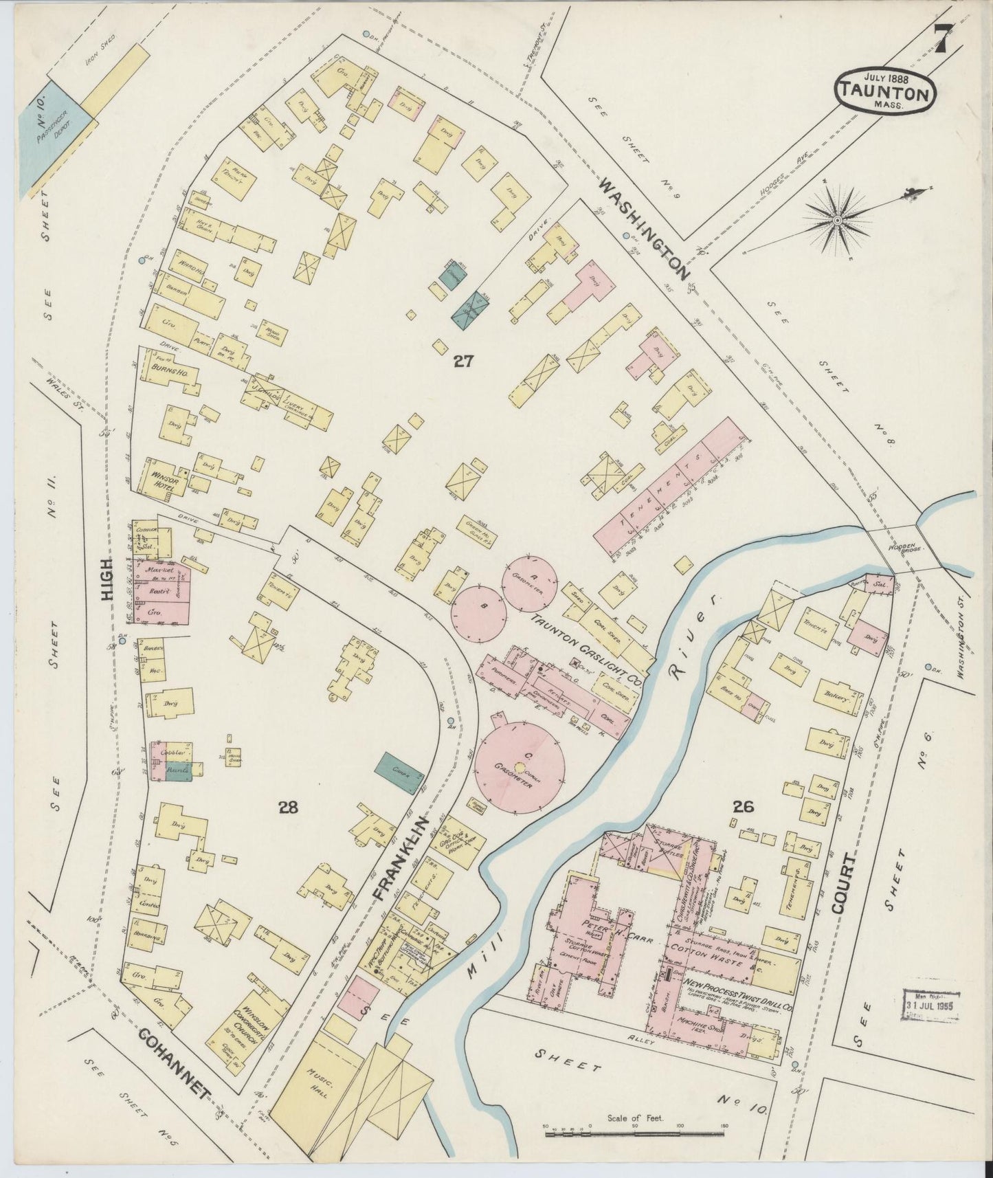 Sanborn Fire Insurance Map from Taunton, Bristol County, Massachusetts (1888), Sheet #0007 - Historic Sanborn Fire Insurance Map Print, vintage old map wall art, antique decor, genealogy gift, Massachusetts Massachusetts map