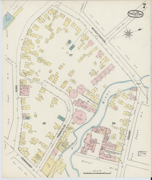 Sanborn Fire Insurance Map from Taunton, Bristol County, Massachusetts (1888), Sheet #0007 - Historic Sanborn Fire Insurance Map Print, vintage old map wall art, antique decor, genealogy gift, Massachusetts Massachusetts map