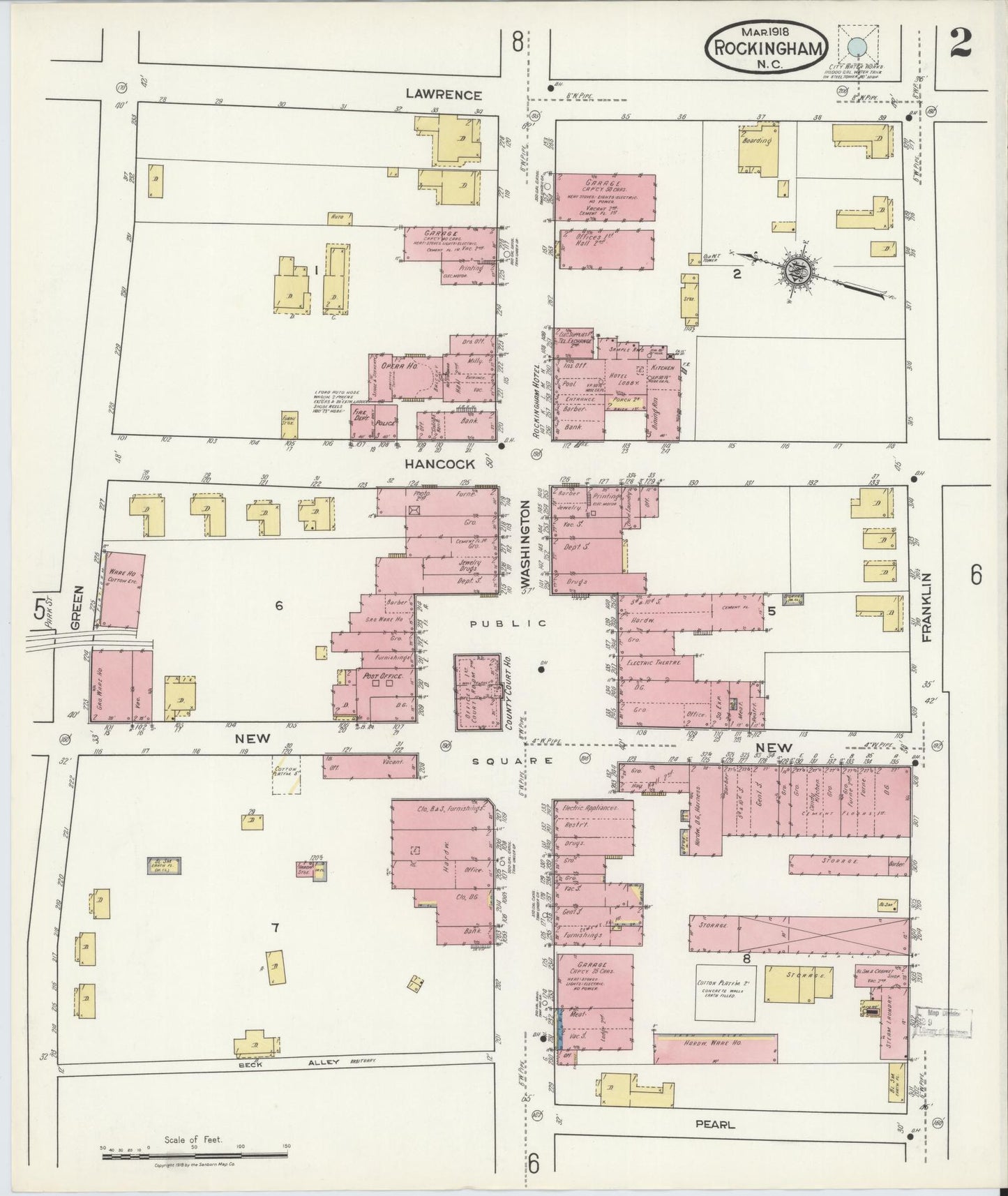 Sanborn Fire Insurance Map from Rockingham, Richmond County, North Carolina (1918), Sheet #0002 - Complete Map Set gallery image, historic Sanborn map, vintage wall art, North Carolina North Carolina