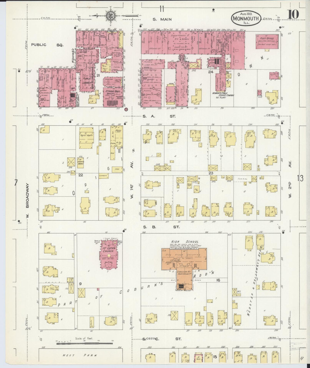 Sanborn Fire Insurance Map from Monmouth, Warren County, Illinois (1913), Sheet #0010 - Historic Sanborn Fire Insurance Map Print, vintage old map wall art, antique decor, genealogy gift, Illinois Illinois map