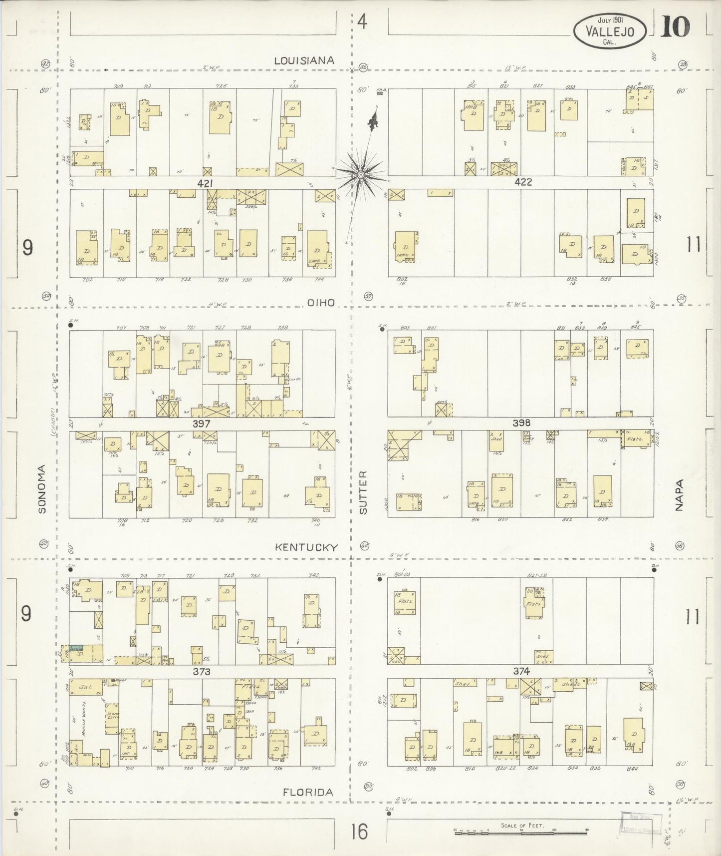 Sanborn Fire Insurance Map from Vallejo, Solano County, California (1901), Sheet #0010 - Complete Map Set gallery image, historic Sanborn map, vintage wall art, California California