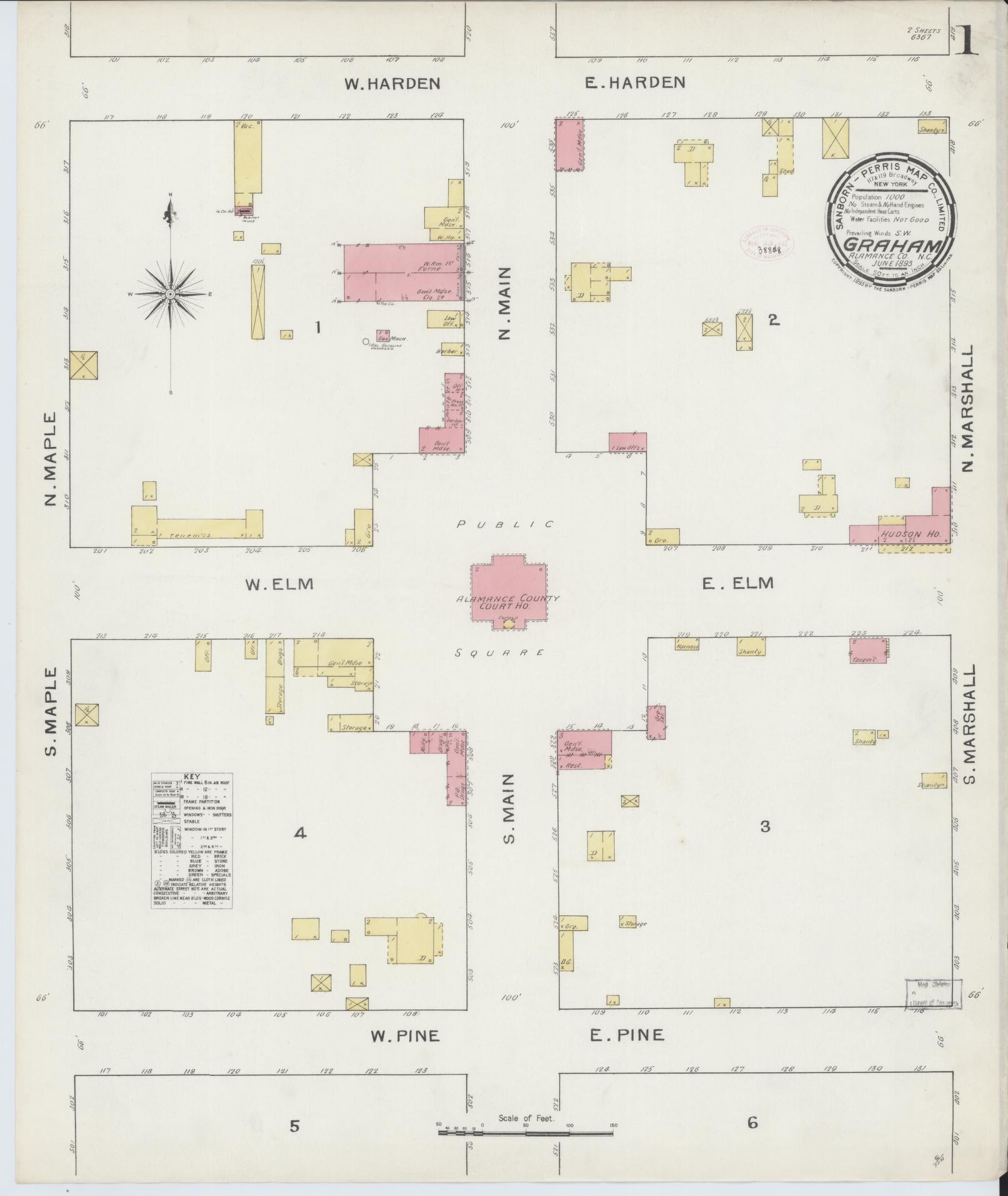 Sanborn Fire Insurance Map from Graham, Alamance County, North Carolina (1893), Sheet #0001 - Historic Sanborn Fire Insurance Map Print, vintage old map wall art, antique decor, genealogy gift, North Carolina North Carolina map