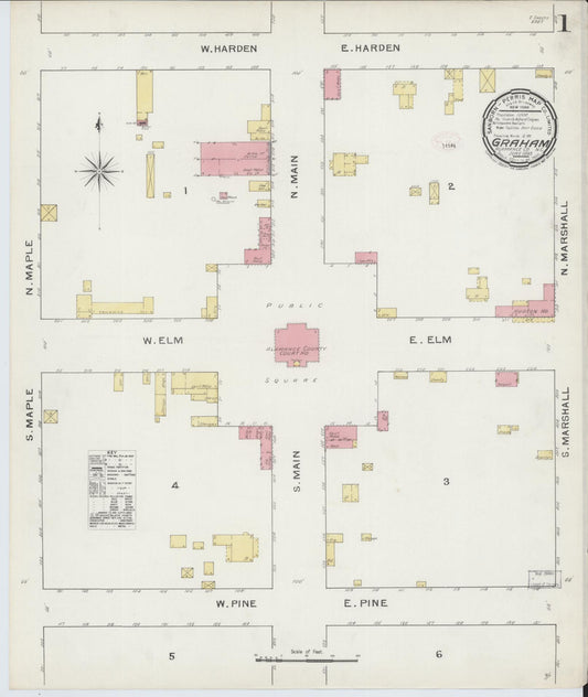 Sanborn Fire Insurance Map from Graham, Alamance County, North Carolina (1893), Sheet #0001 - Historic Sanborn Fire Insurance Map Print, vintage old map wall art, antique decor, genealogy gift, North Carolina North Carolina map