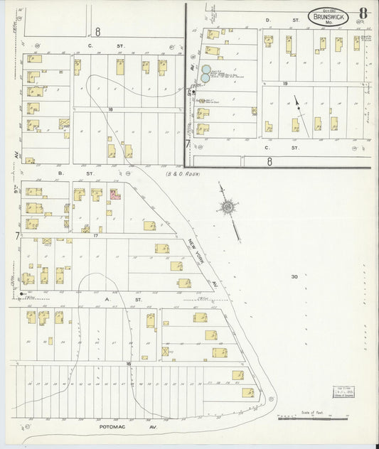 Sanborn Fire Insurance Map from Brunswick, Frederick County, Maryland (1910), Sheet #0008 - Historic Sanborn Fire Insurance Map Print, vintage old map wall art, antique decor, genealogy gift, Maryland Maryland map