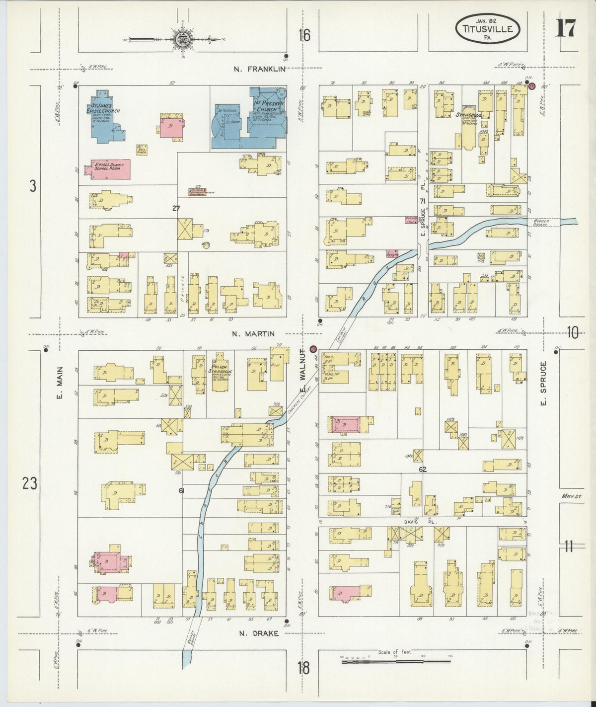 Sanborn Fire Insurance Map from Titusville, Crawford County, Pennsylvania (1912), Sheet #0017 - Historic Sanborn Fire Insurance Map Print, vintage old map wall art, antique decor, genealogy gift, Pennsylvania Pennsylvania map