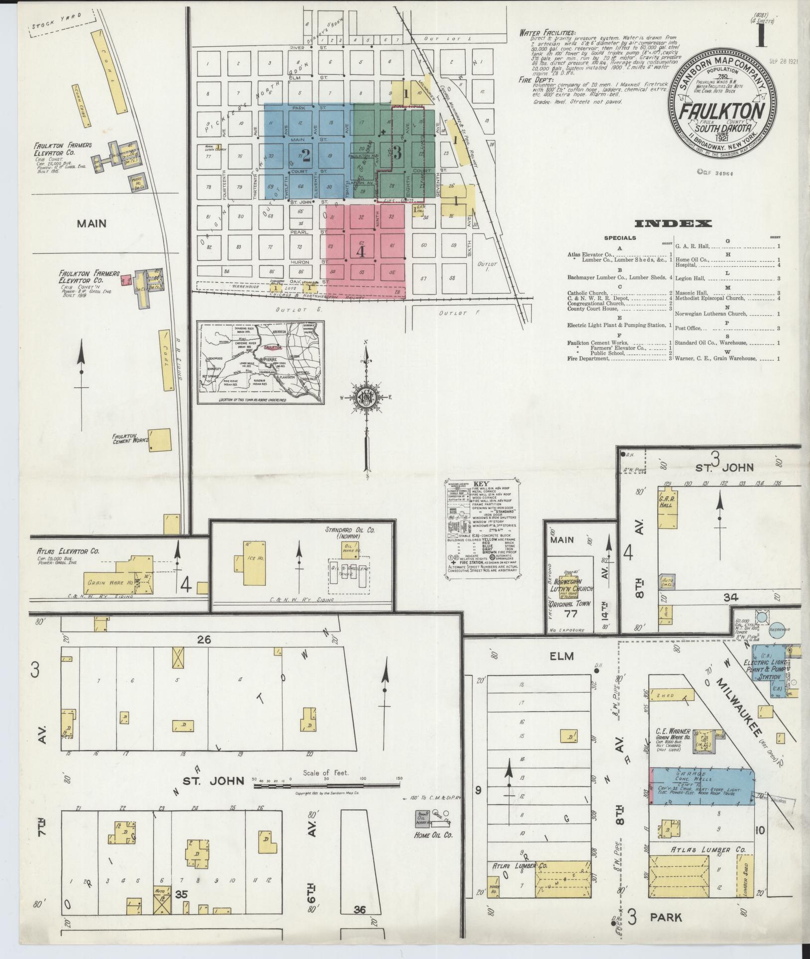 Sanborn Fire Insurance Map from Faulkton, Faulk County, South Dakota (1921), Sheet #0001 - Historic Sanborn Fire Insurance Map Print, vintage old map wall art, antique decor, genealogy gift, South Dakota South Dakota map