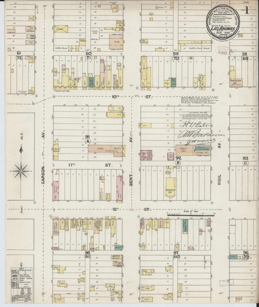 Sanborn Fire Insurance Map from Las Animas, Bent County, Colorado (1889), Sheet #0001 - Complete Map Set gallery image, historic Sanborn map, vintage wall art, Colorado Colorado