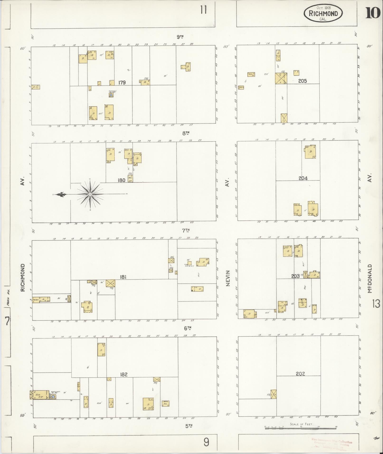 Sanborn Fire Insurance Map from Richmond, Contra Costa County, California (1905), Sheet #0010 - Complete Map Set gallery image, historic Sanborn map, vintage wall art, California California