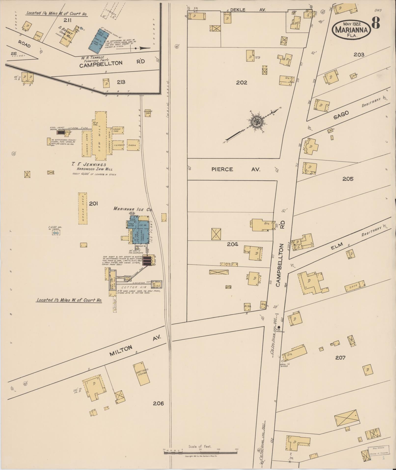 Sanborn Fire Insurance Map from Marianna, Jackson County, Florida (1922), Sheet #0008 - Historic Sanborn Fire Insurance Map Print, vintage old map wall art, antique decor, genealogy gift, Florida Florida map