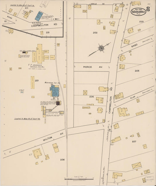 Sanborn Fire Insurance Map from Marianna, Jackson County, Florida (1922), Sheet #0008 - Historic Sanborn Fire Insurance Map Print, vintage old map wall art, antique decor, genealogy gift, Florida Florida map